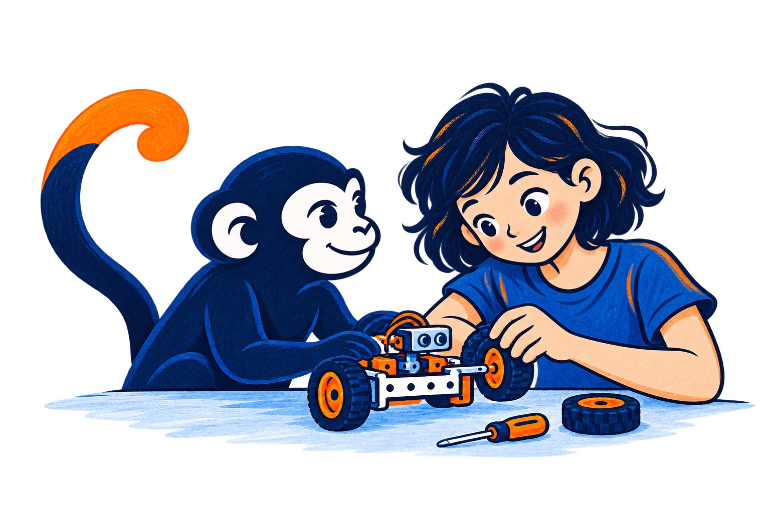 Una joven construye un robot junto a la mascota de BlueMonkey