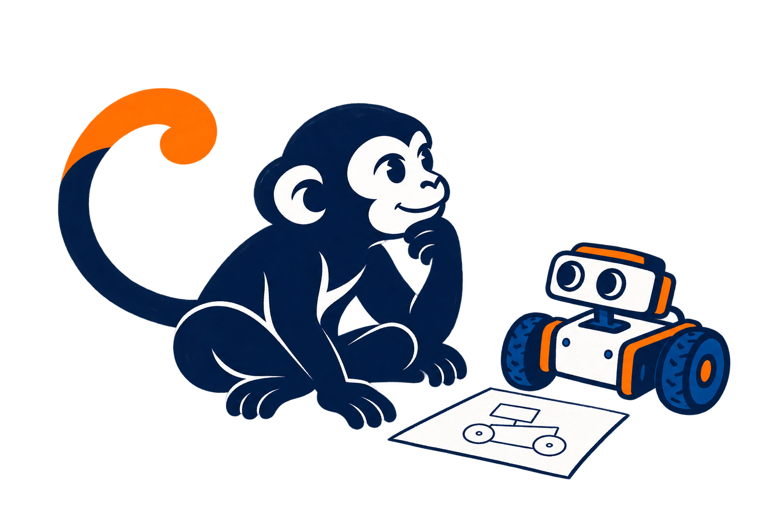 Mascota de BlueMonkey observando un robot y su boceto