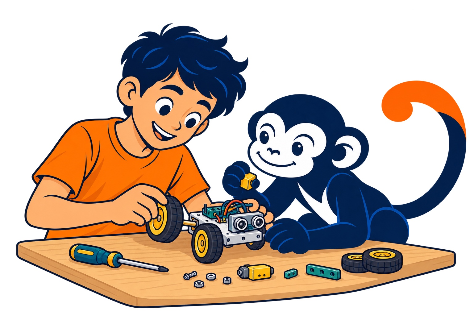 El alumno y la mascota construyen el robot juntos